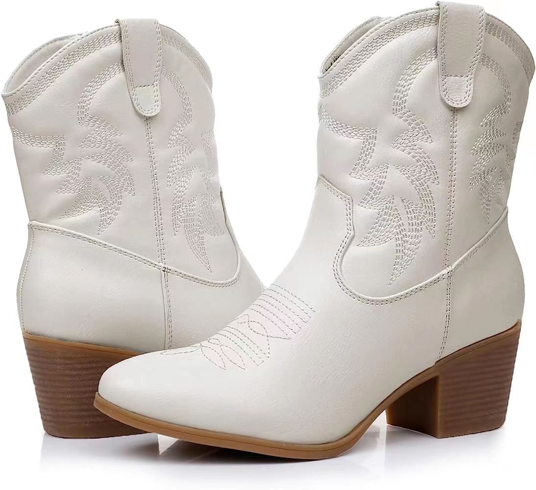 European and American Retro Chunky Heel Side Zip Western Denim Boots