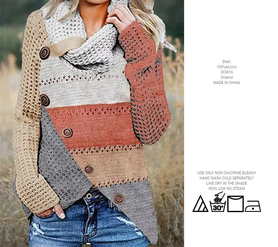 Autumn and Winter Women's Mixed-Color Stripe Irregular Sweater with Button Detail