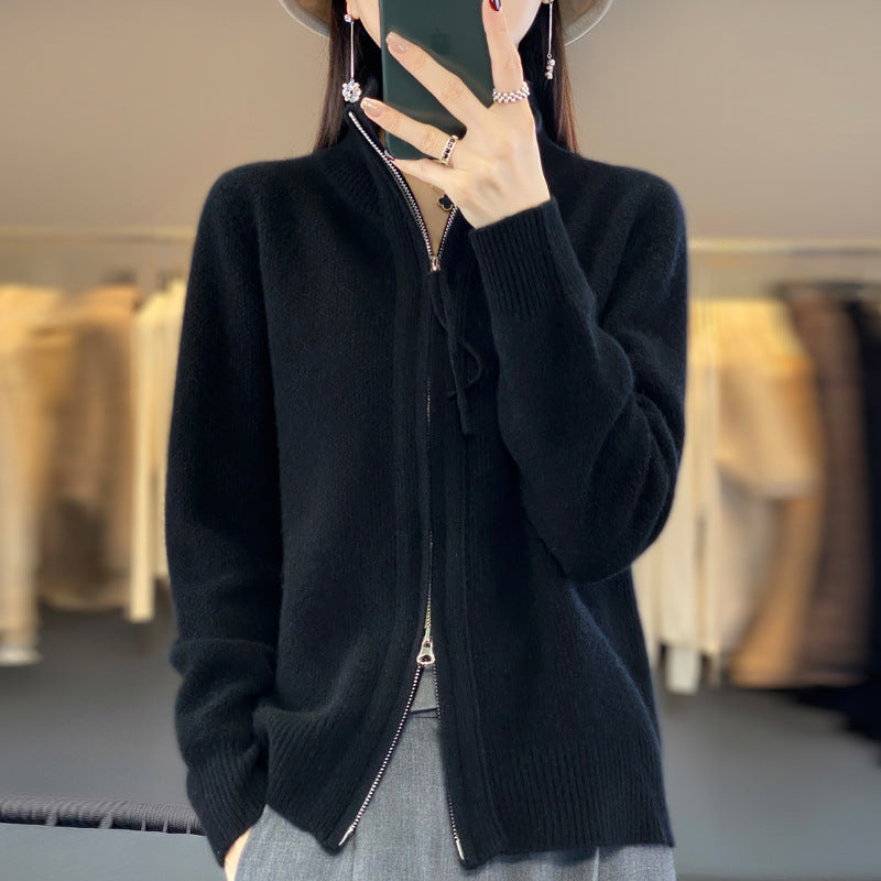 New Half-Turtleneck Short Sleeve Retro Solid Color Sweater Coat for Women