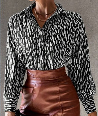 All-Over Print Button-Up Shirt, Elegant Business Casual Workwear for Women