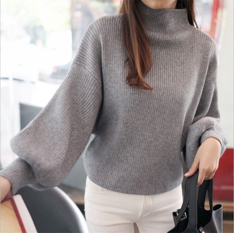 Half Turtleneck Lantern Sleeve Sweater – Loose Fit with Slimming Base Knitwear Design