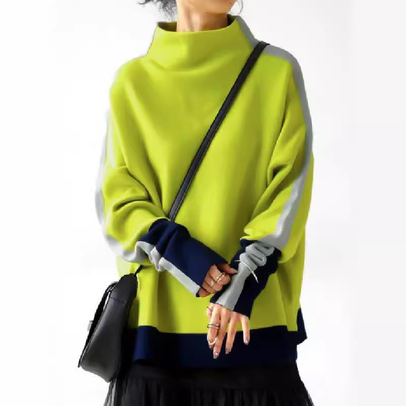 Long Sleeve Contrast Color Slit Turtleneck Hoodie Sweatshirt