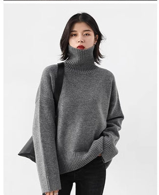 Loose-Fit Turtleneck Sweater with Solid Color, Warm Winter Underwear