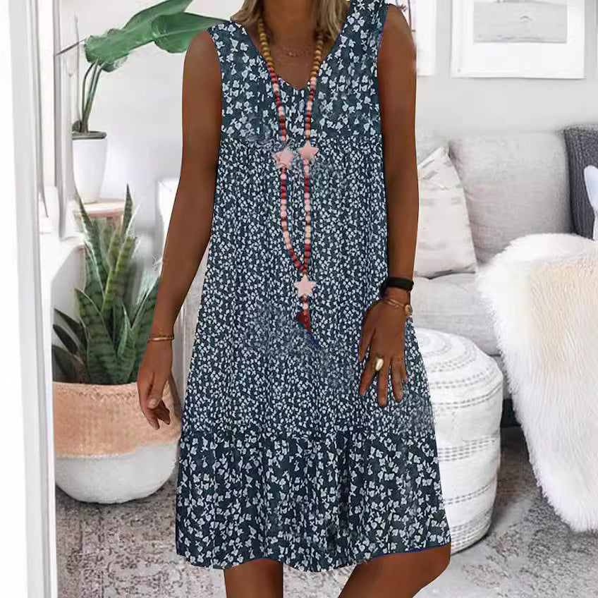 Women's V-Neck Sleeveless Dress with Small Floral Print – Elegant and Breezy