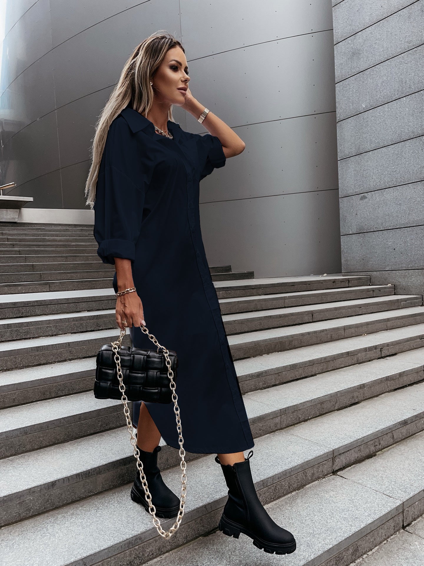 Autumn Fashionable With Side-slit Loose Casual Solid Color Shirt Dress