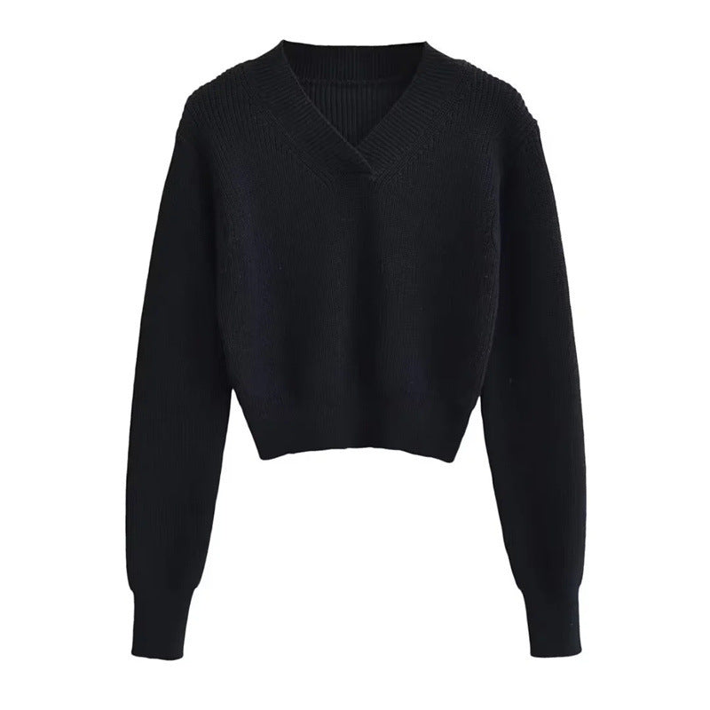 Women's V-Neck Chunky Knit Cropped Pullover Sweater for Autumn and Winter