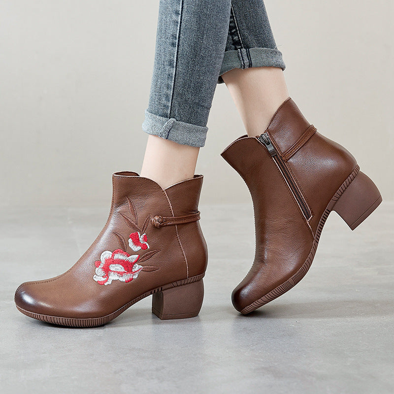 Fashionable Ethnic Style Martin Boots with Embroidery, Comfortable Cotton, and Thick Heels