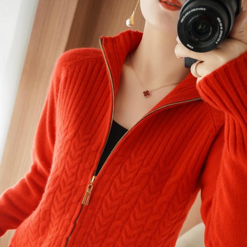 Women's Zipper Sweater Coat, Knitted Cardigan with Short Stand Collar and Loose Fit