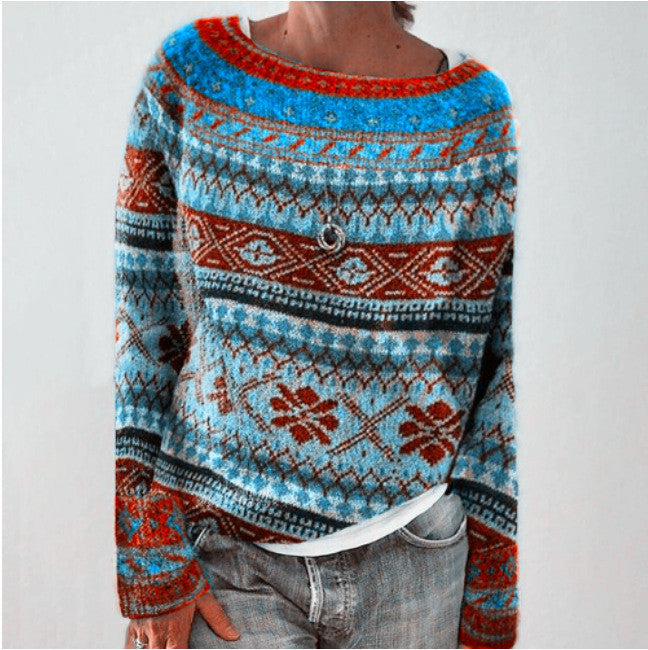 Women's Round Neck Loose-Fit Multicolor Fashion Pullover Sweater