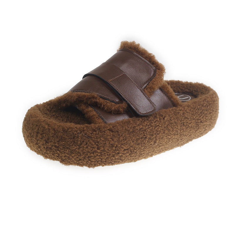 Women's Autumn and Winter Outerwear Lamb Wool Fleece-Lined Casual Fluffy Slippers