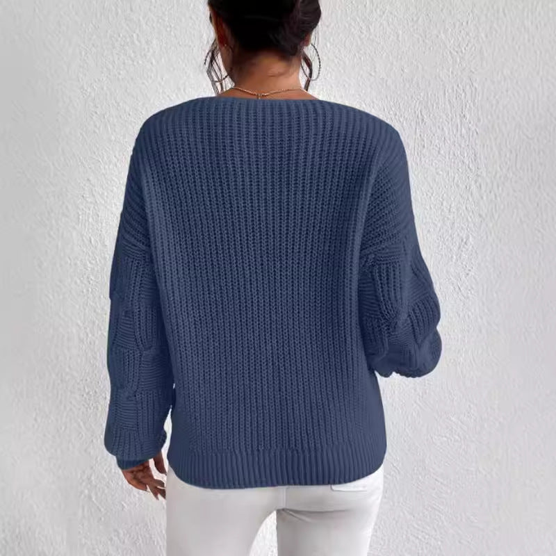 Loose-Fit V-Neck Solid Color Knit Pullover Sweater - Casual and Cozy Style