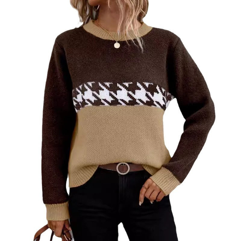 Fashionable Contrast Color Round Neck Knitted Sweater