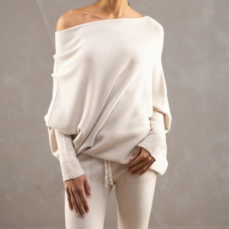 Solid Color Off-Shoulder Pullover Knitted Loose Sweater