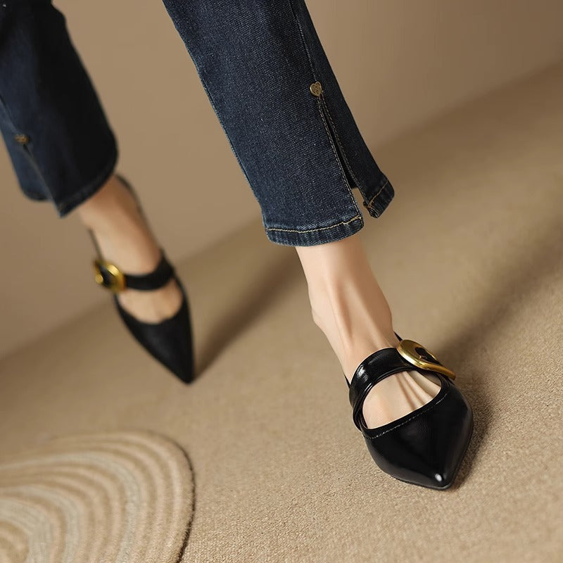 French Style Pointed Toe Low Heel Buckle Leather Shoes