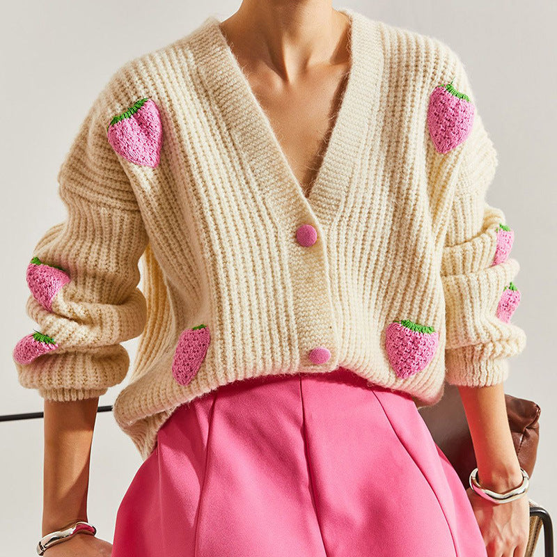 Sweet V-Neck Beige Cardigan Sweater with Decorative Details