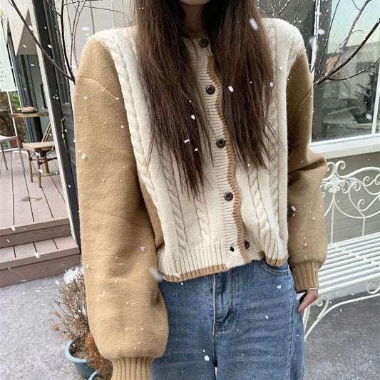 Women's Contrast Color Knitted Cardigan Sweater Coat