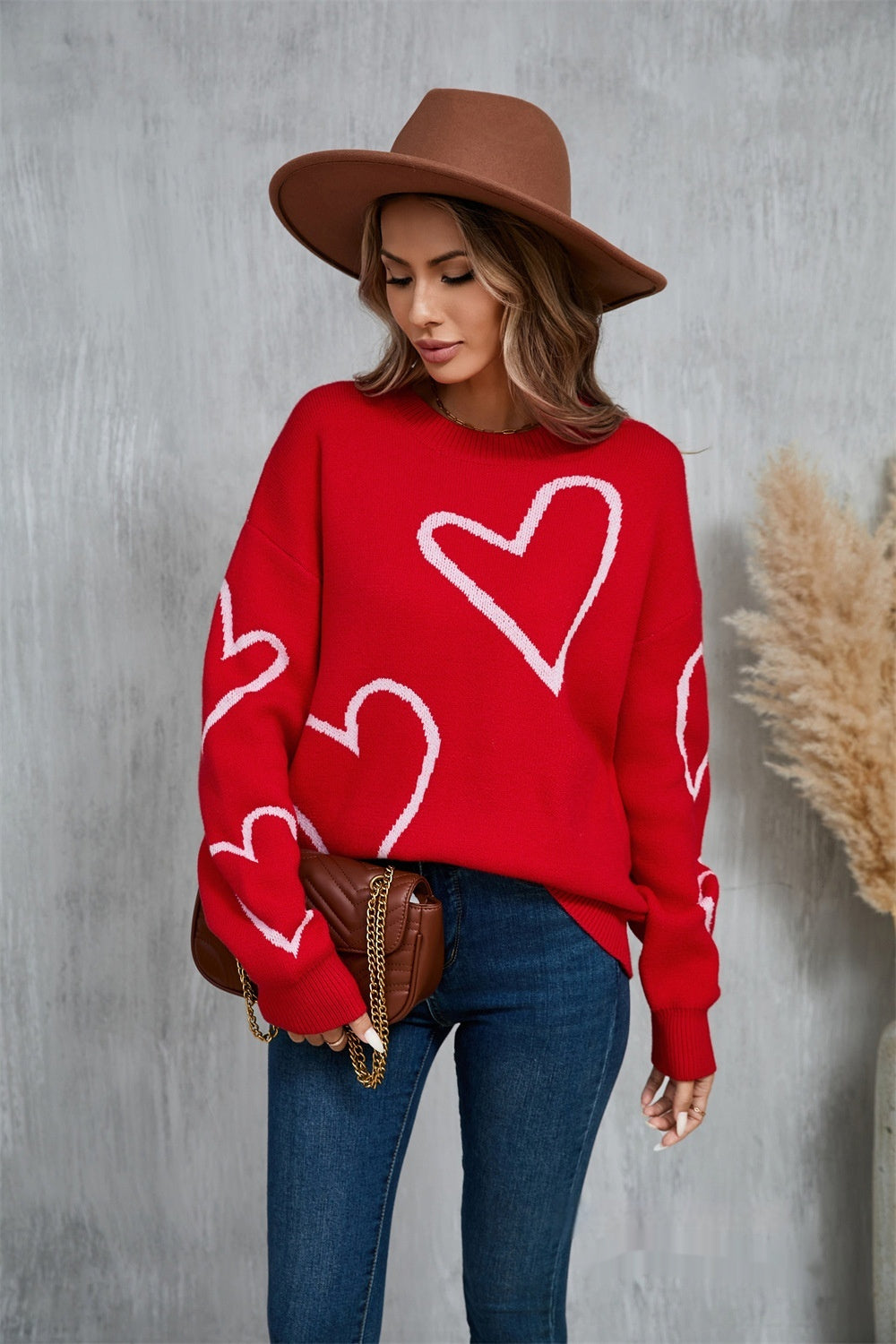 Valentine's Day Women's Pullover Sweater with Big Peach Heart Contrast Design