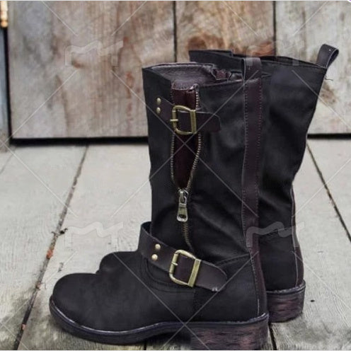 Mid-Calf Knight Boots with Belt Buckle Detail