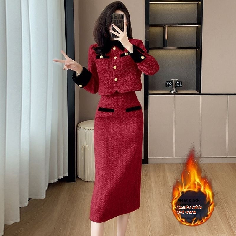 Women's French Style High-End Tweed Chanel-Inspired Skirt and Coat Set