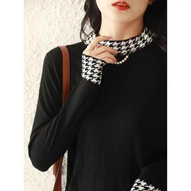 Women's Fashion Houndstooth Stitching Long-Sleeve Sweater