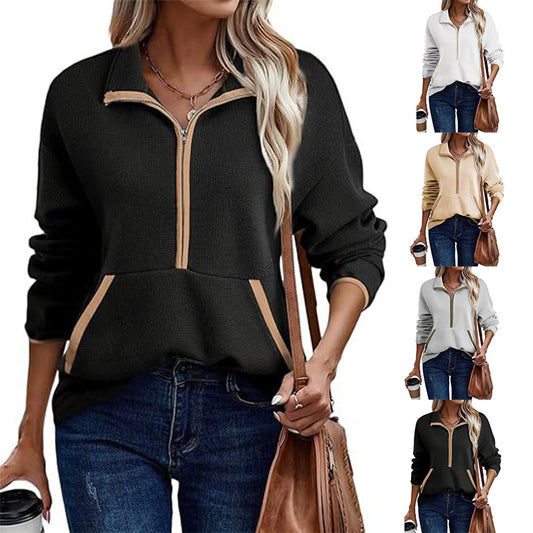 Women's Half-Zip Pullover Hoodie Lapel Pocket Jacket