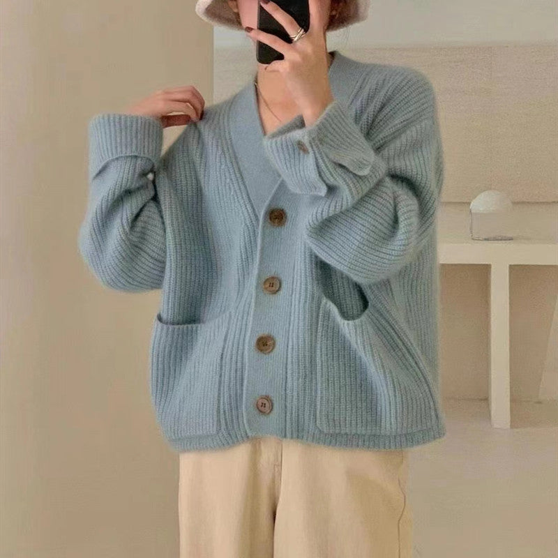 V-Neck Soft Knit Single-Breasted Loose Sweater Coat