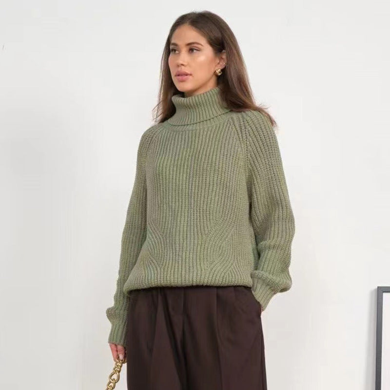 High Neck Thickened Turtleneck Sweater - Solid Color Casual Mid-Length for Autumn & Winter