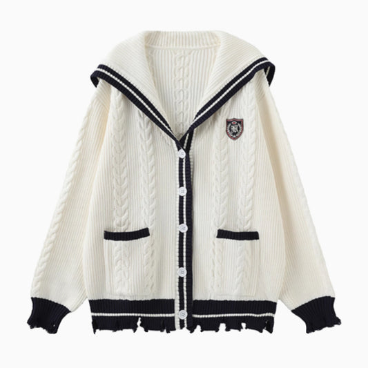 Preppy Style Loose Knit Coat with Insignia Embroidery and Raw Edges