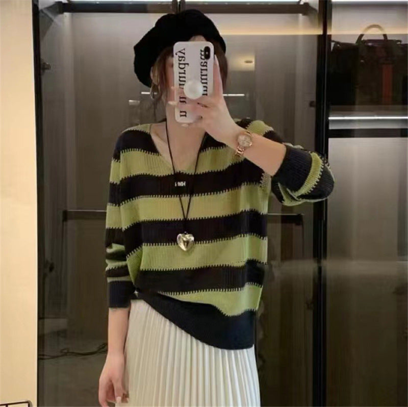 Women's V-Neck Striped Color-Block Long Sleeve Sweater – Autumn Inner Bottoming Shirt