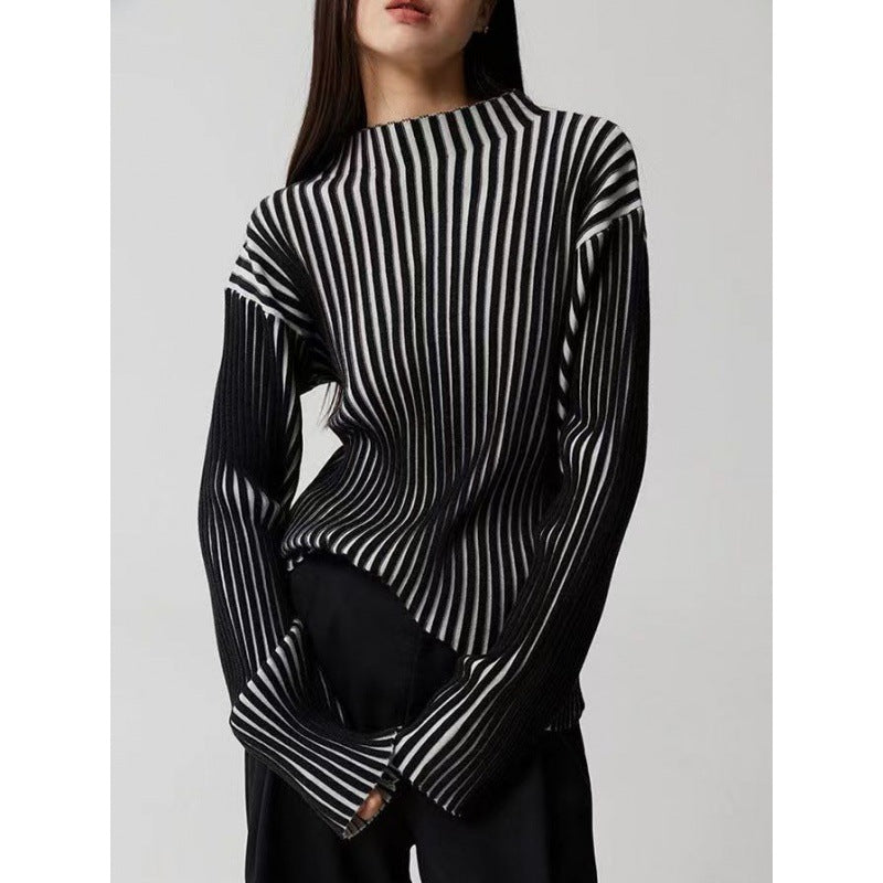 Black and White Contrast Half-Turtleneck Long Sleeve Sweater