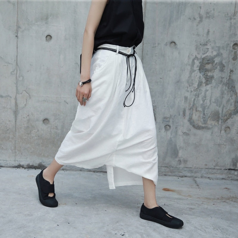 Women's White Cotton-Linen Culottes, Loose and Casual Circular Design