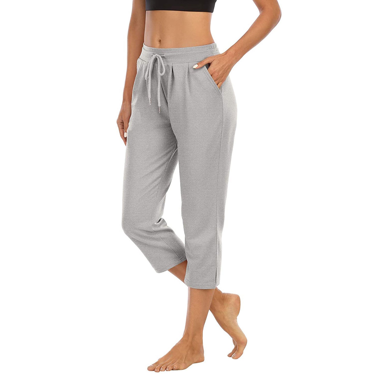 Women's Solid Color Pocket High Top Sports Fitness Yoga Wide Leg Cropped Pants