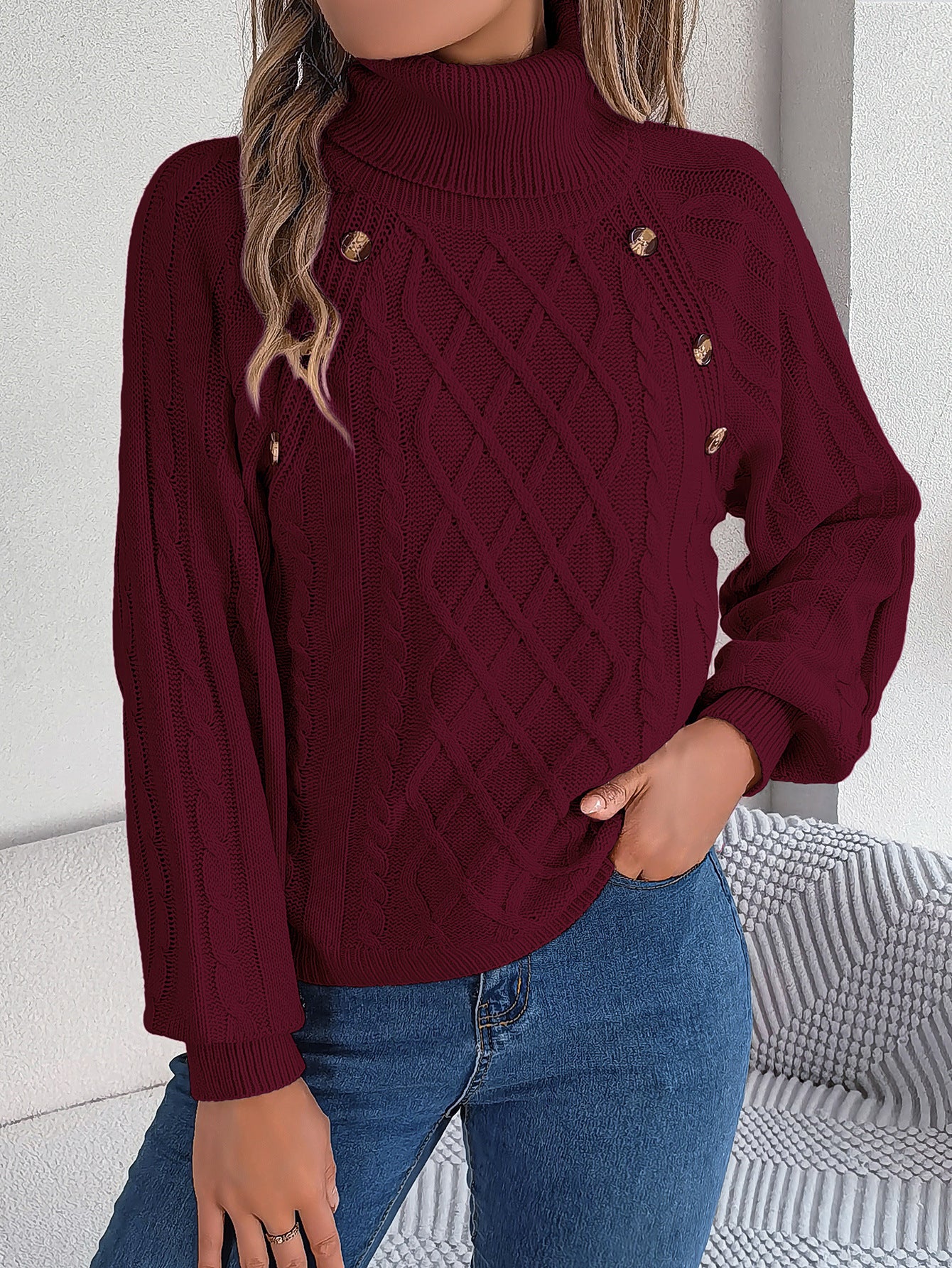 Casual Button-Detail Cable-Knit Turtleneck Sweater with Lantern Sleeves