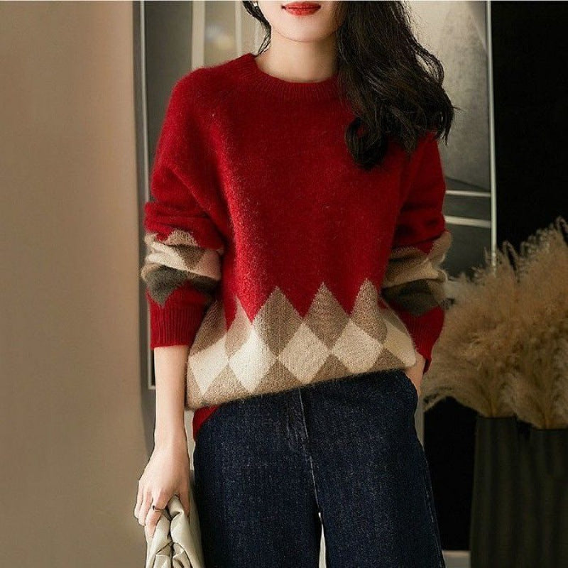 Women's Christmas Red Round-Neck Loose Knit Sweater