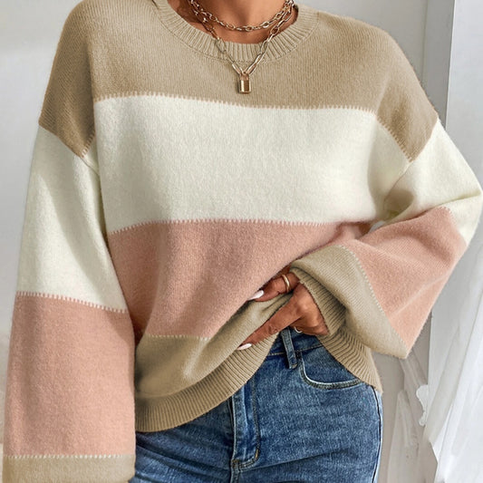 Color-Block Crew Neck Sweater – Casual Loose-Fit Lantern Sleeve Pullover for Women