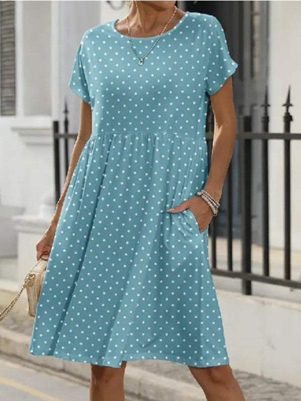 Summer Short Sleeve Round Neck Pocket Polka Dot Print Dress