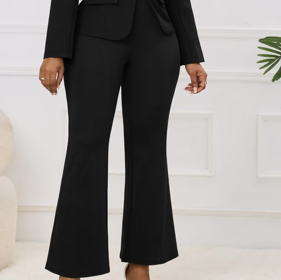 Women's Solid Color Single Button Long Sleeved Jacket And Slim Fit Versatile Micro Flared Pants Set