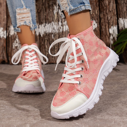 Women's Rose-Printed Lace-Up Boots – Fashionable, Breathable Canvas Sports Shoes