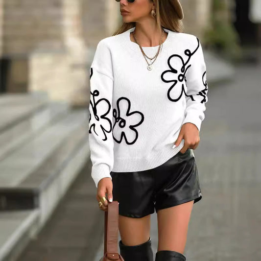 Fashionable Solid Color Flower Jacquard Knit Pullover Sweater