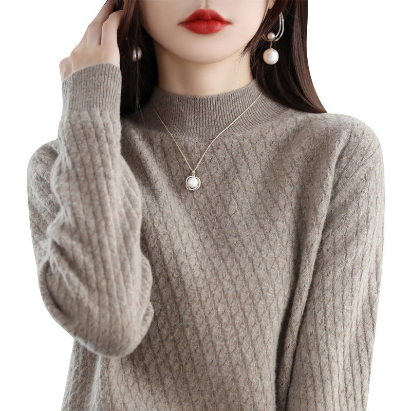 Pure Wool Women's Half-Turtleneck Knitted Sweater - Bottoming Shirt Style