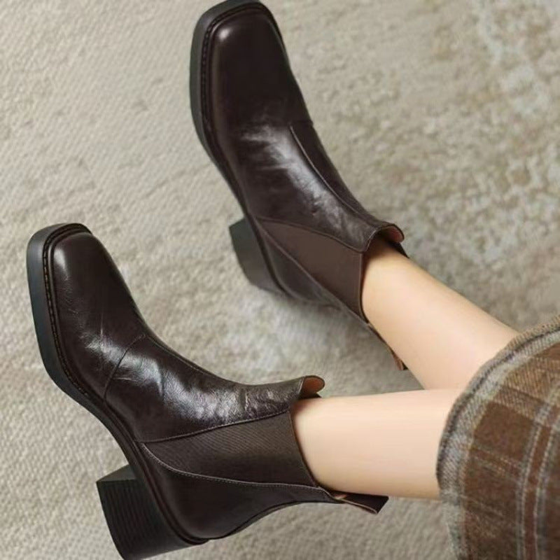 Women's Soft Leather Chunky Heel Boots in French Style