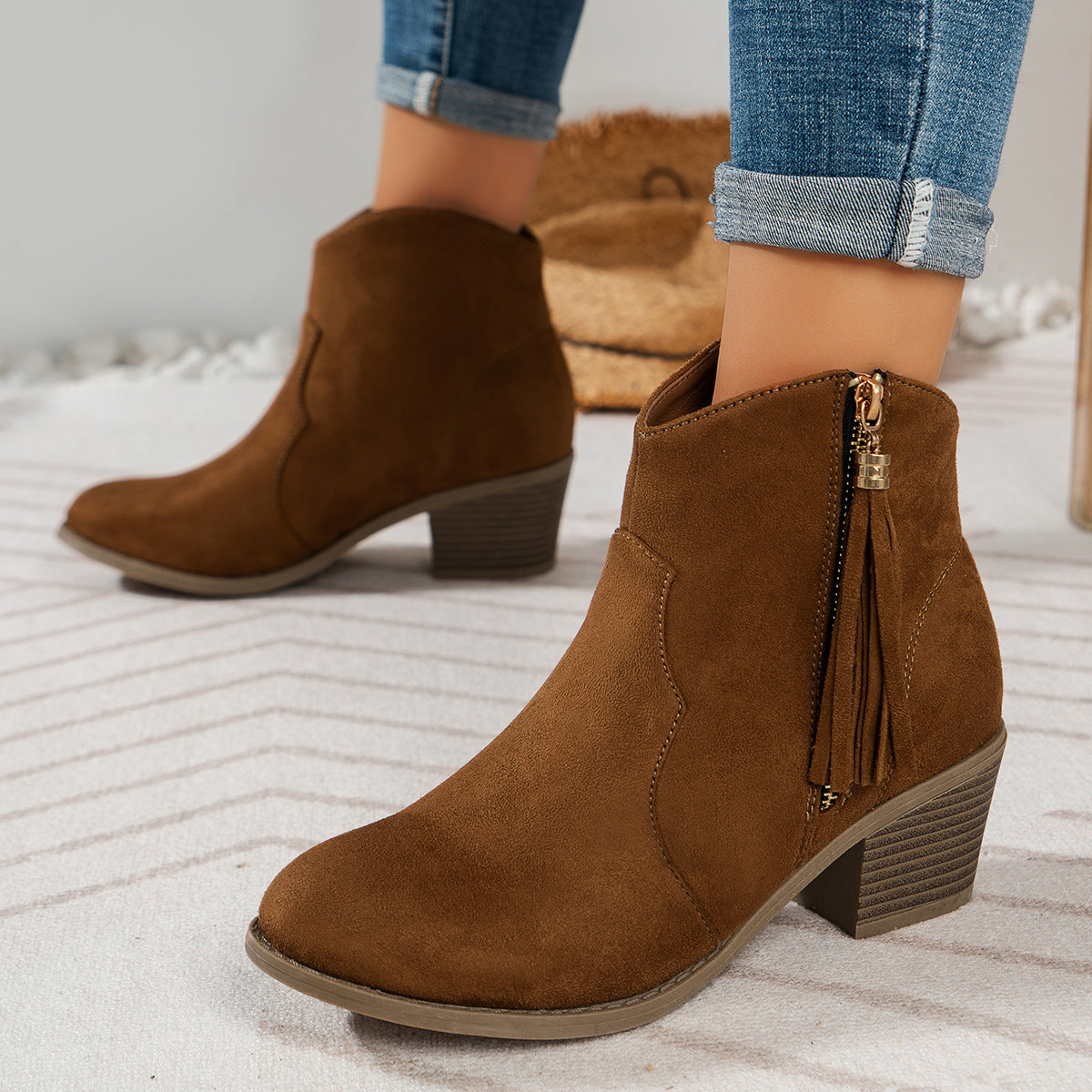 Women's Low-Top Boots with Metal Zip and Tassel Detail