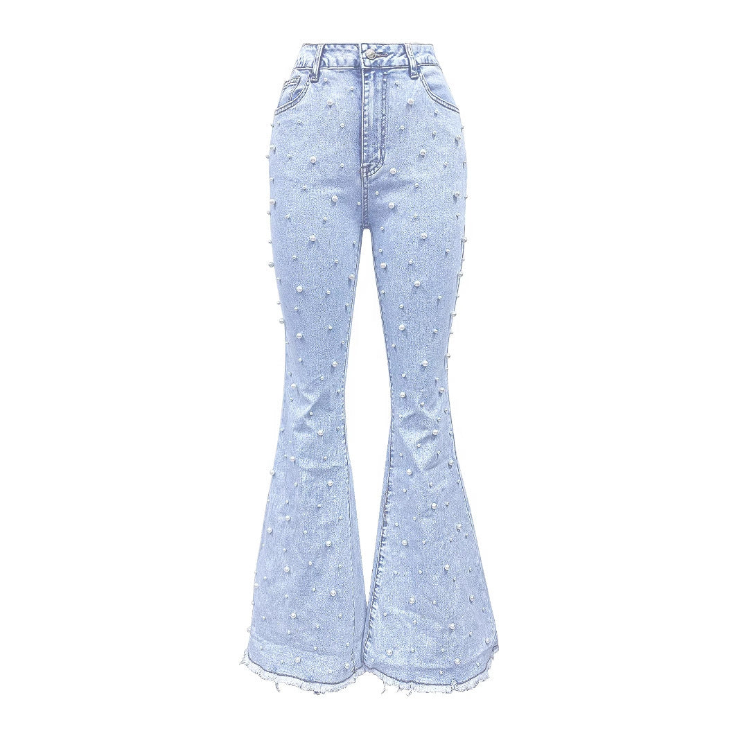 All-Match Stretch Jeans with Micro-Nail Pearl Detailing