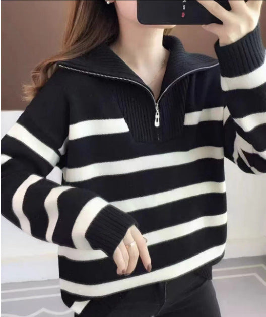 Women's Zippered Contrast Color Striped Sweater