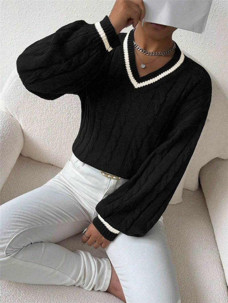 Autumn and Winter Contrast Color Twisted V-Neck Loose Women's Sweater