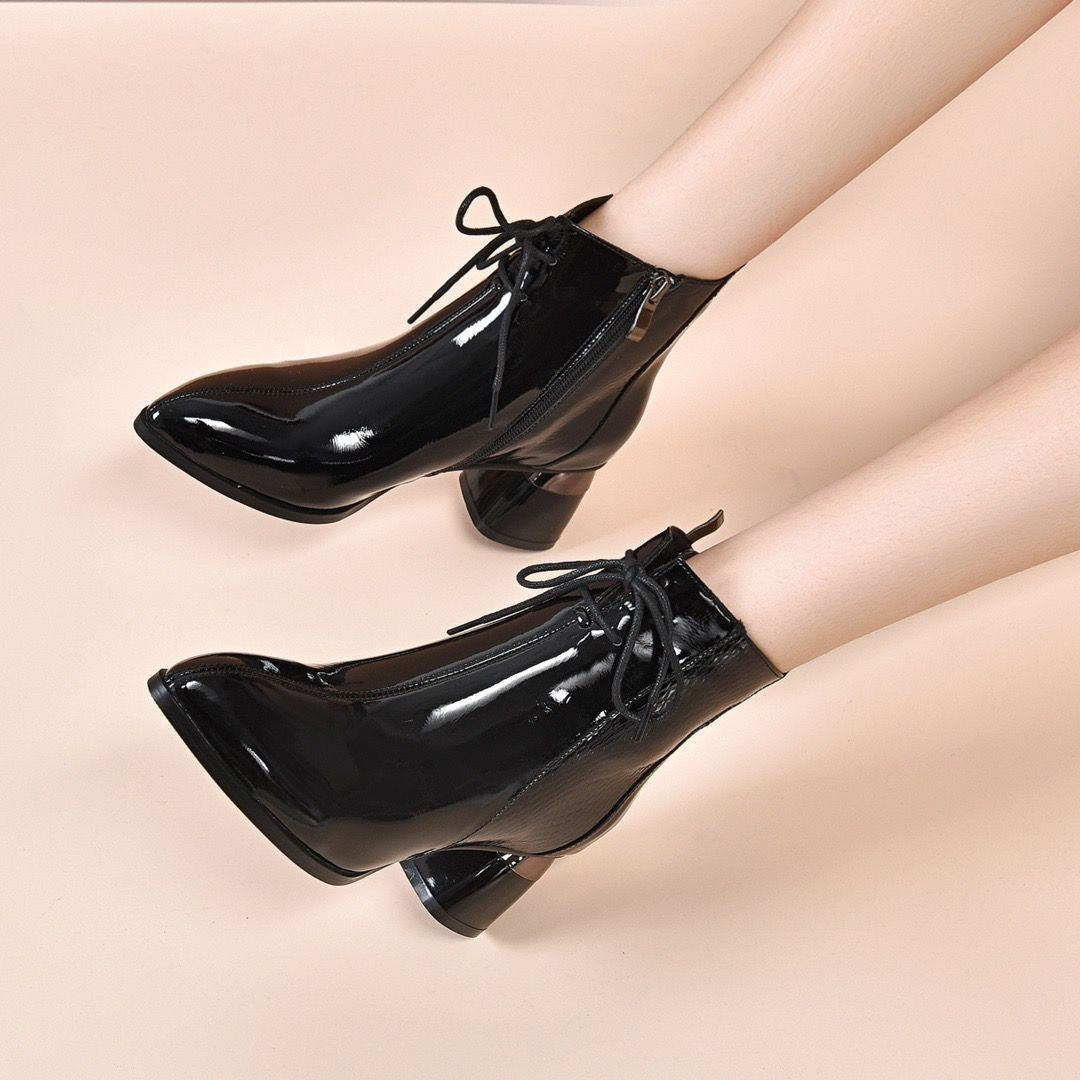 Elegant Women's Patent Leather Martin Boots with Chunky Mid Heel and Pointed Toe