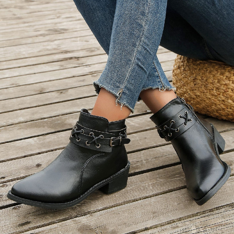 Women's Ankle Boots with Pointed Toe, Side Zip, Thick Heel, and Rivet Details