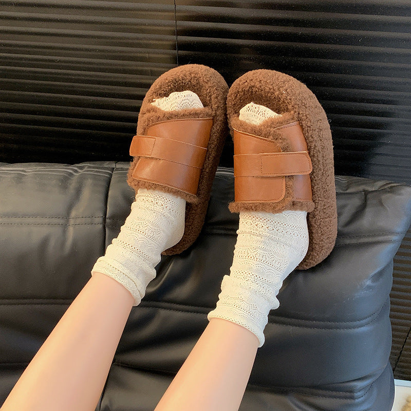 Women's Autumn and Winter Outerwear Lamb Wool Fleece-Lined Casual Fluffy Slippers