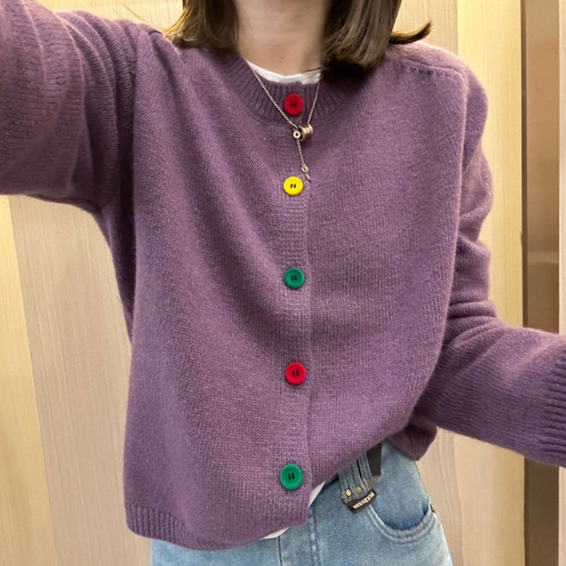 Korean-Style Age-Reducing Rainbow Single-Breasted Round Neck Sweater