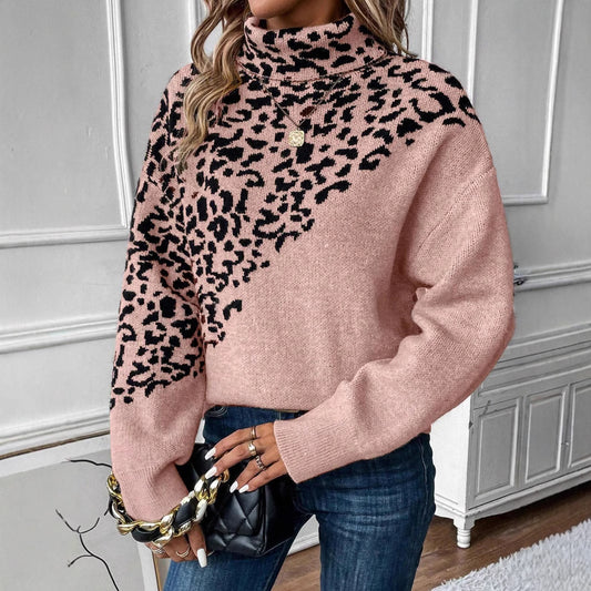 Turtleneck Leopard Print Sweater – Long Sleeve Loose Fashion Casual Style